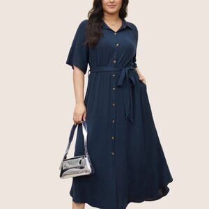 BloomChic Plus Size XL Solid Button Pocket Shirt Collar Belted Maxi Dress us14